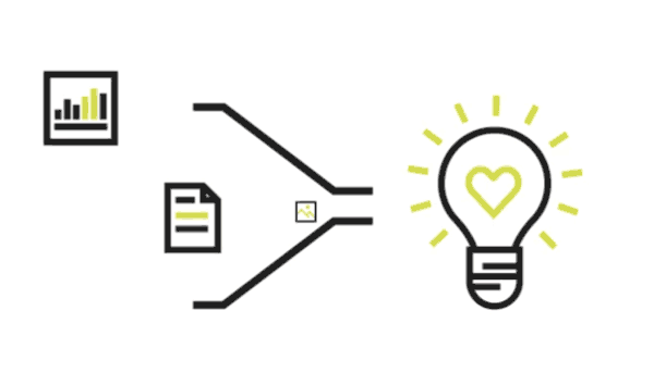 animated icon data images in funnel connected with light bulb which then symbolizes an idea
