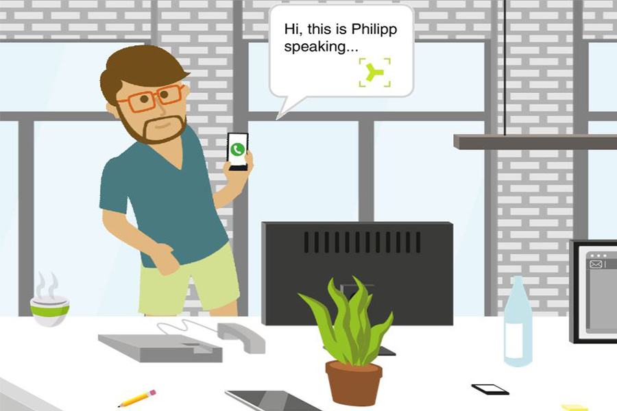 Illustration Philip im Büro smartphone in der Hand