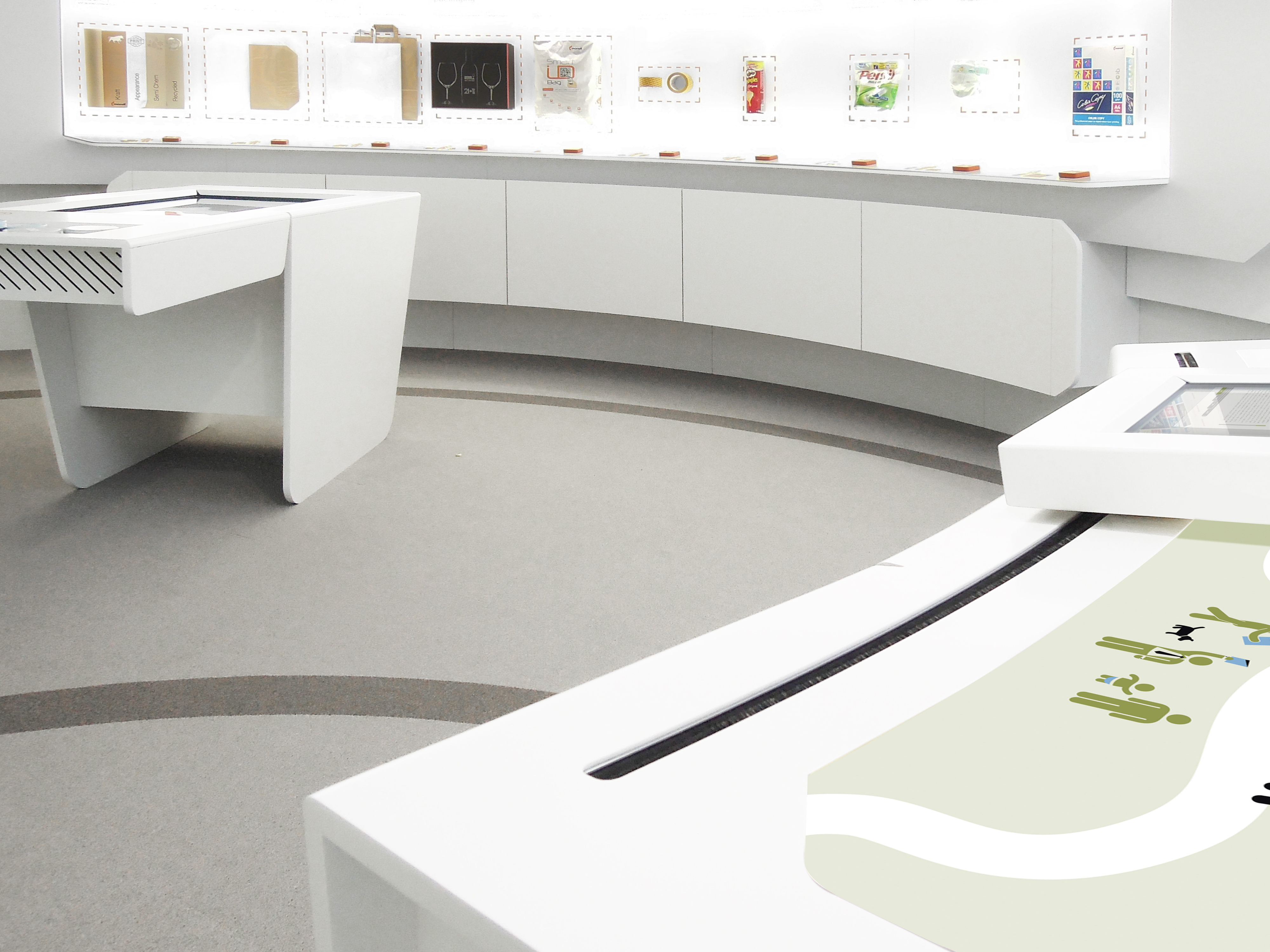 Product wall and interactive table with movable screen element