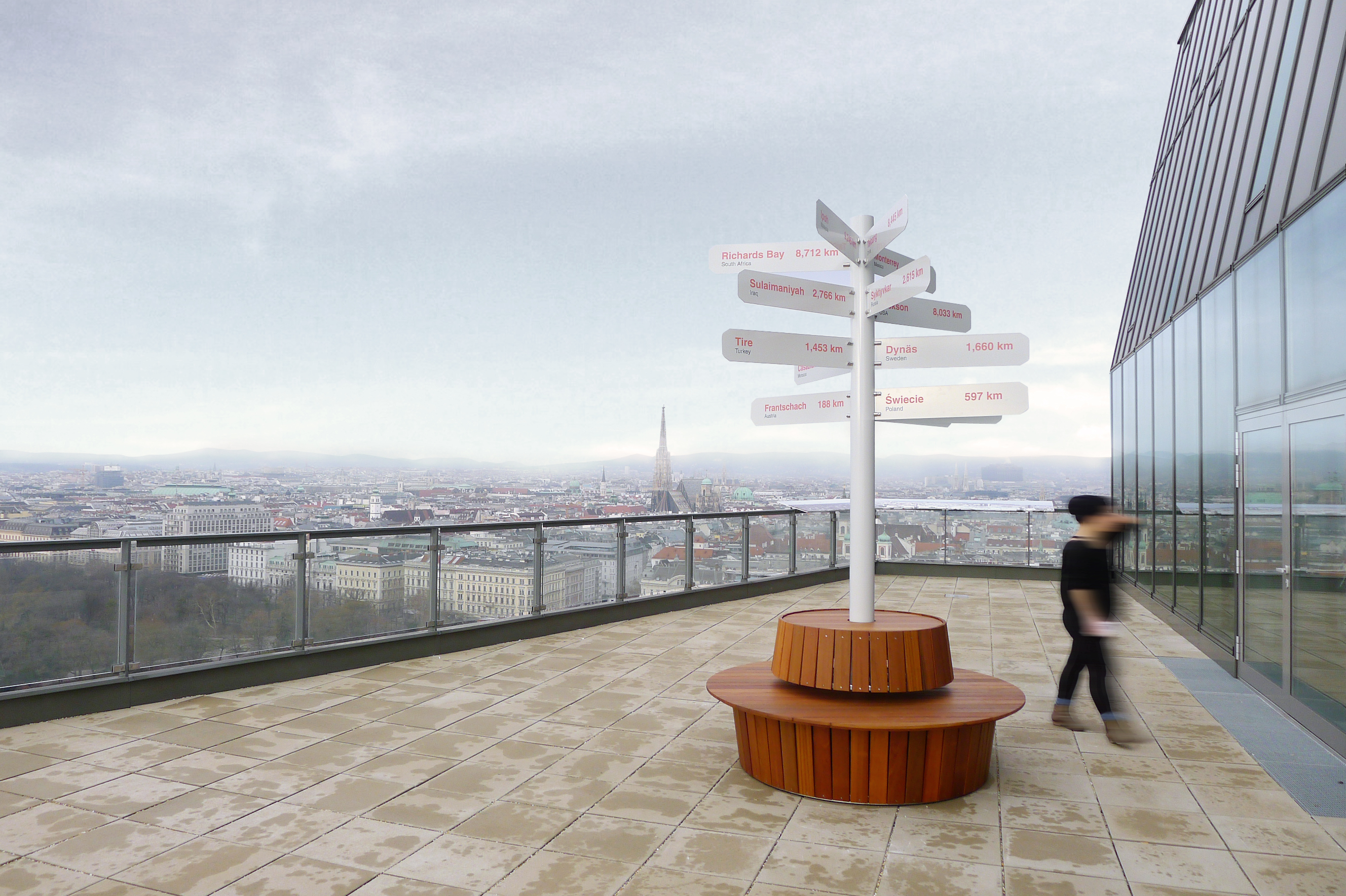 Roof terrace of the headquarters with panoramic view of Vienna and signposts