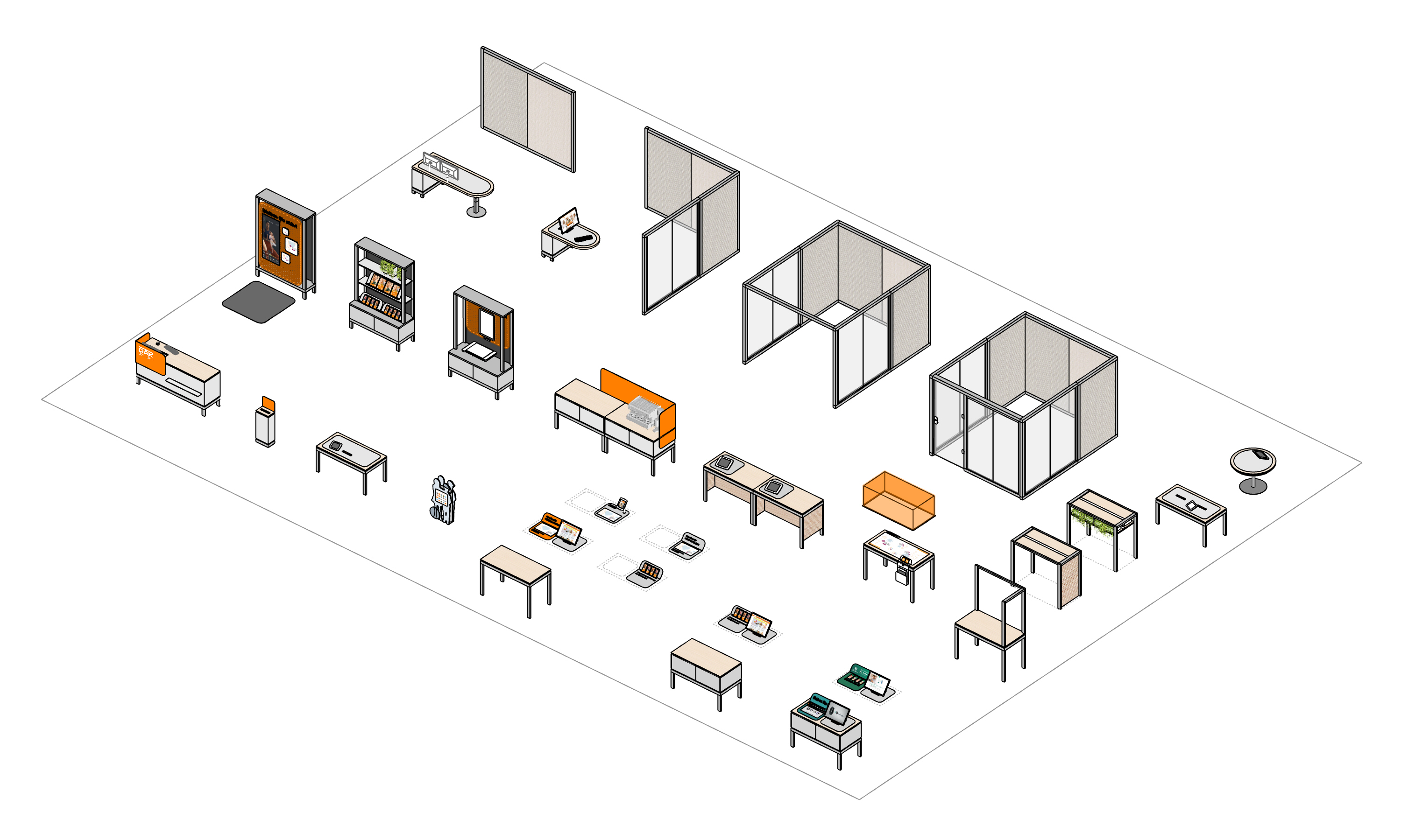 3D visualization of the interior design modules illustrations on white surface