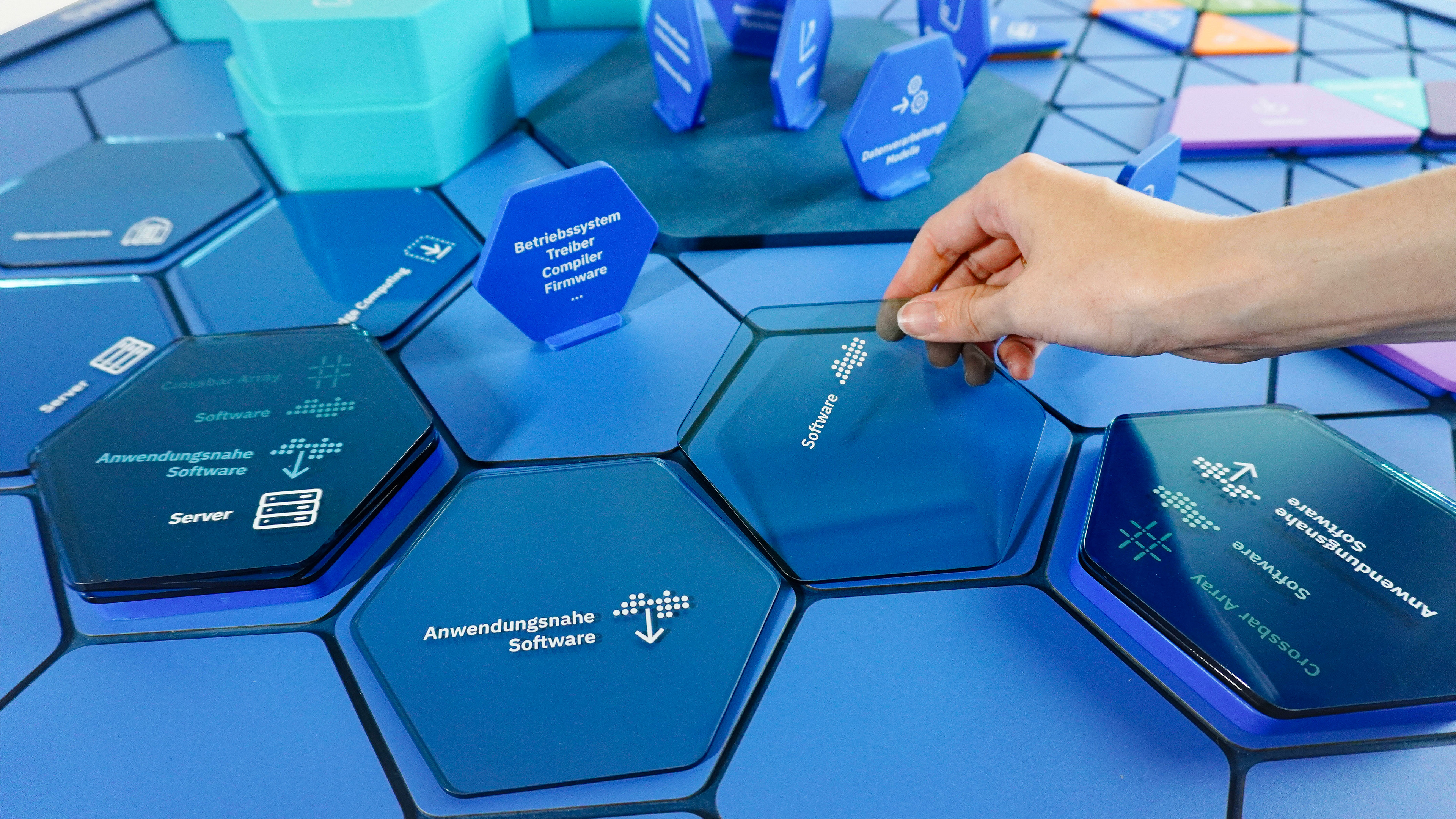 Mensch benutzt Exponat zu Neurompher Hardware