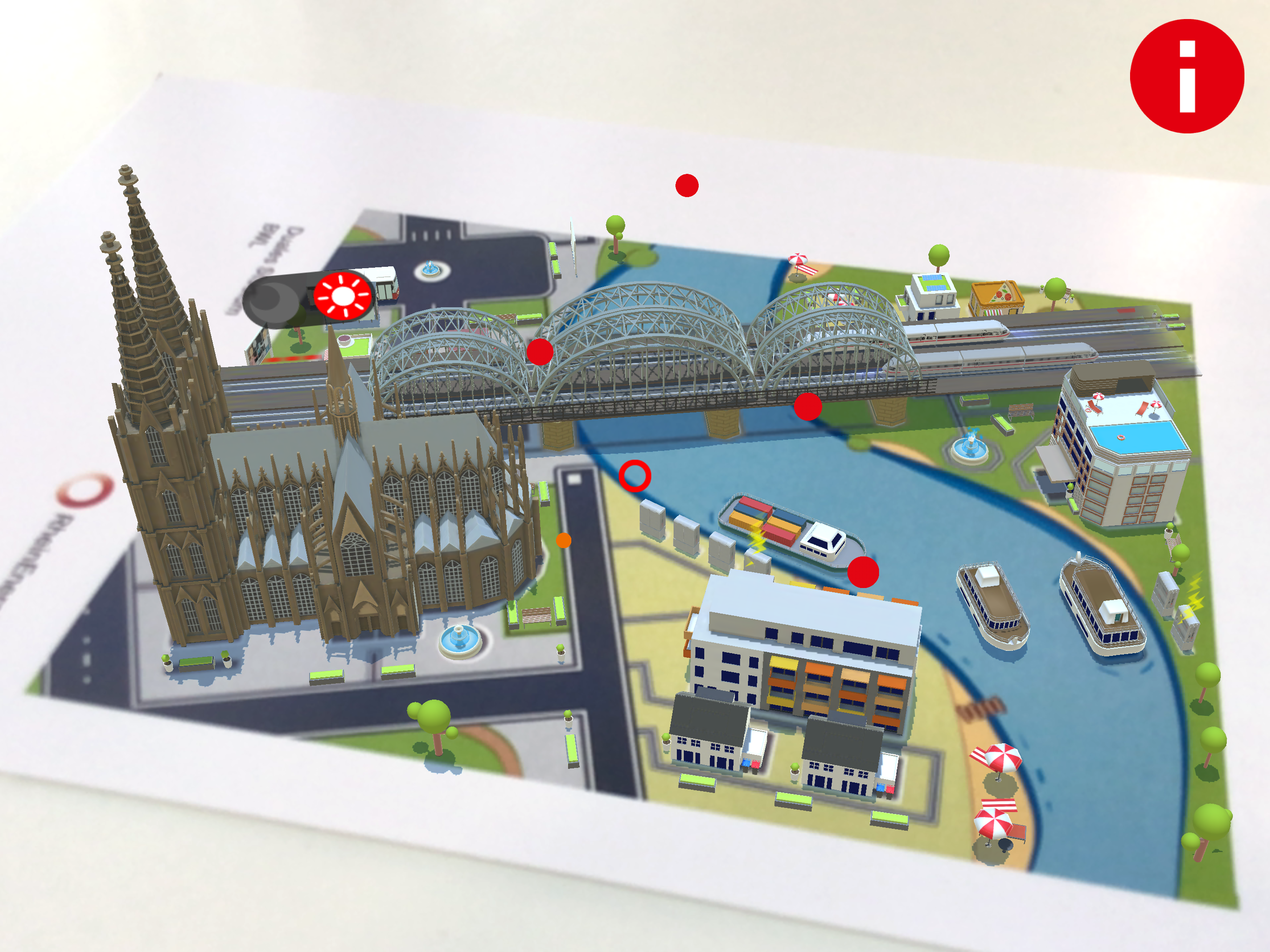 3D-Gebäude und der Kölner Dom befinden sich durch die AR APP auf realer Karte