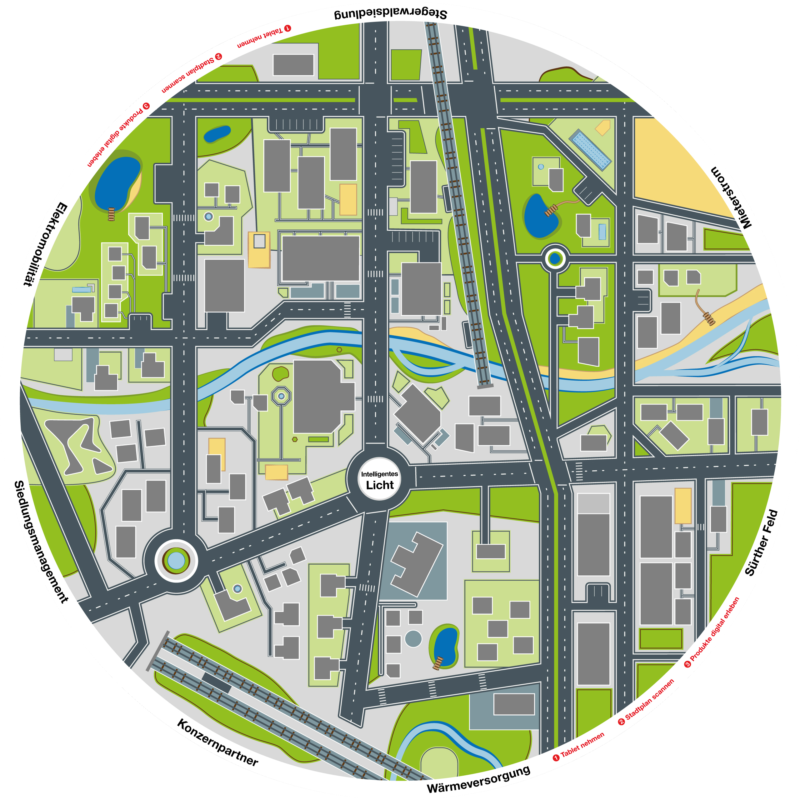 Großer runder illustrierter Stadtplan von Köln für die AR APP