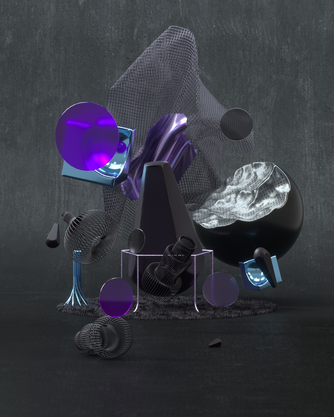 3D rendering erste Welt schwarze Materialien mit violetten Highlights