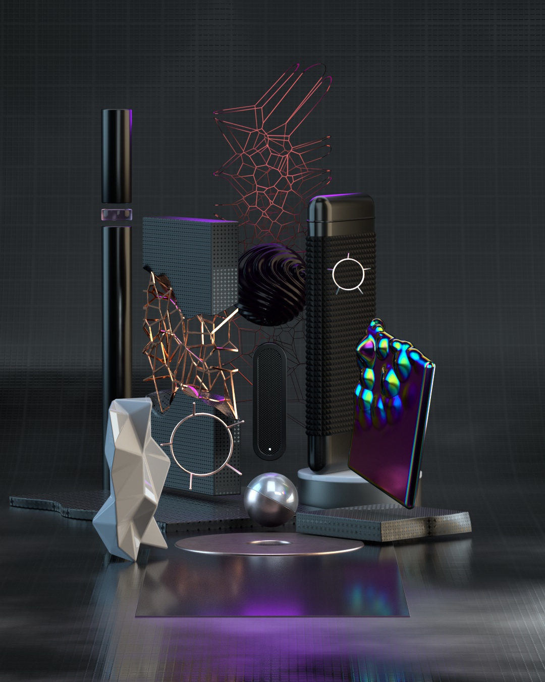 3D rendering fourth world black materials with technical objects