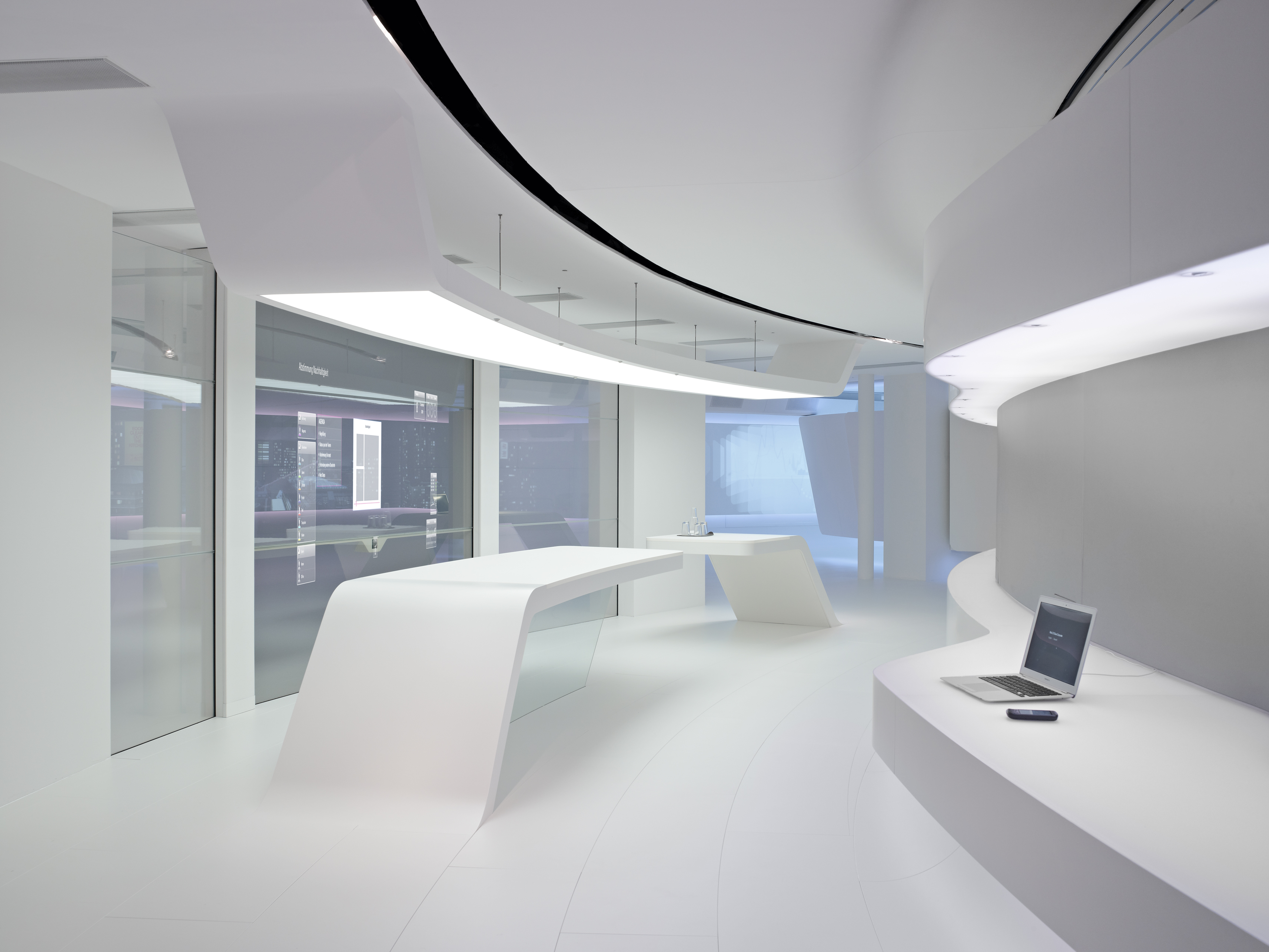 Futuristic bright interior design with interactive glass wall