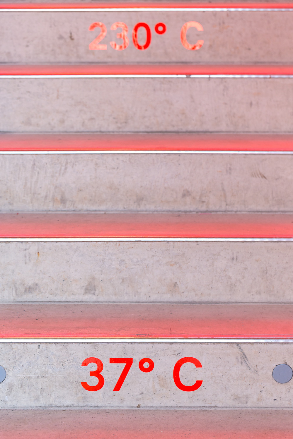 Red stairs with text