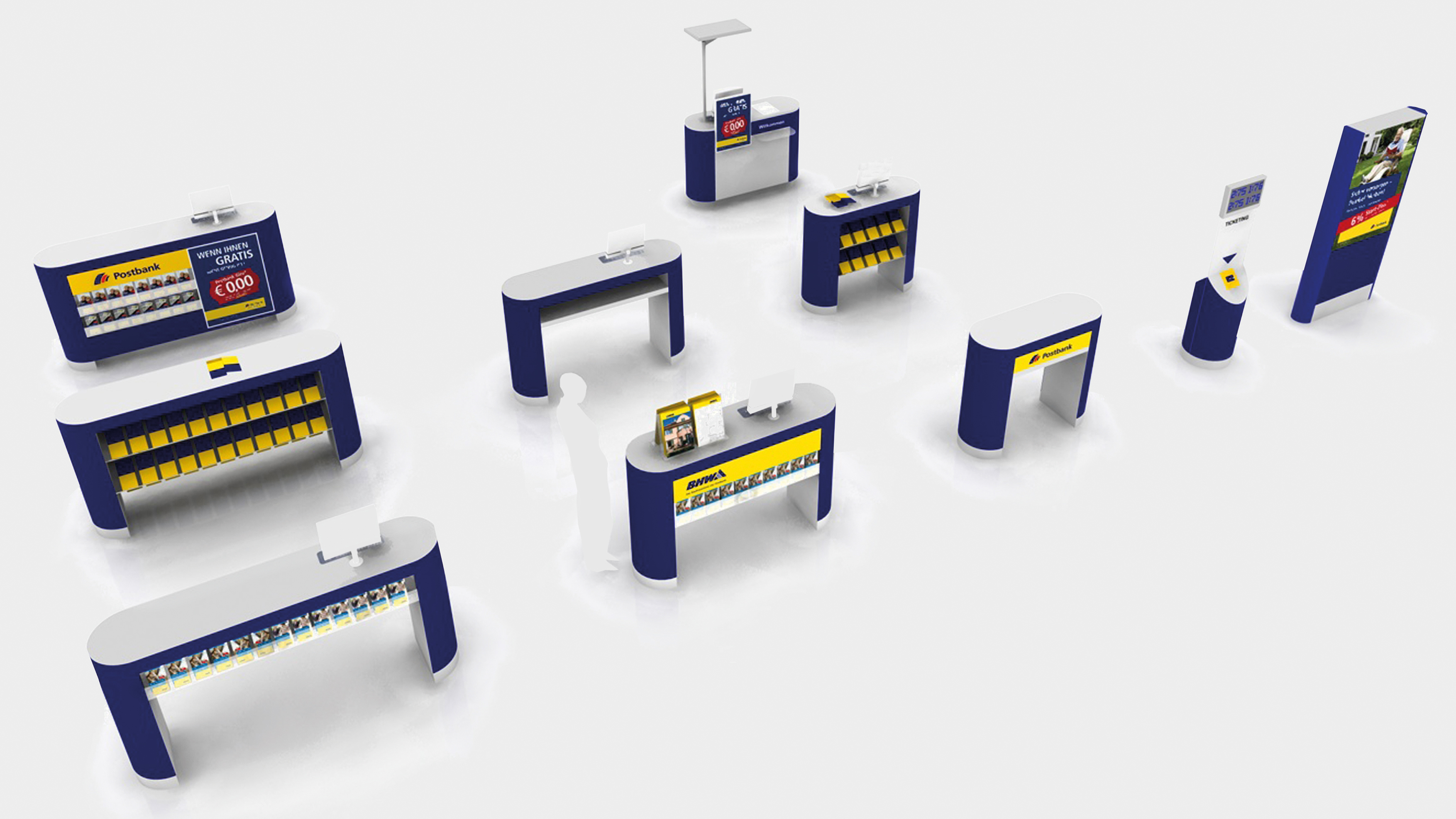 3D Rendering of interior modules blue and yellow