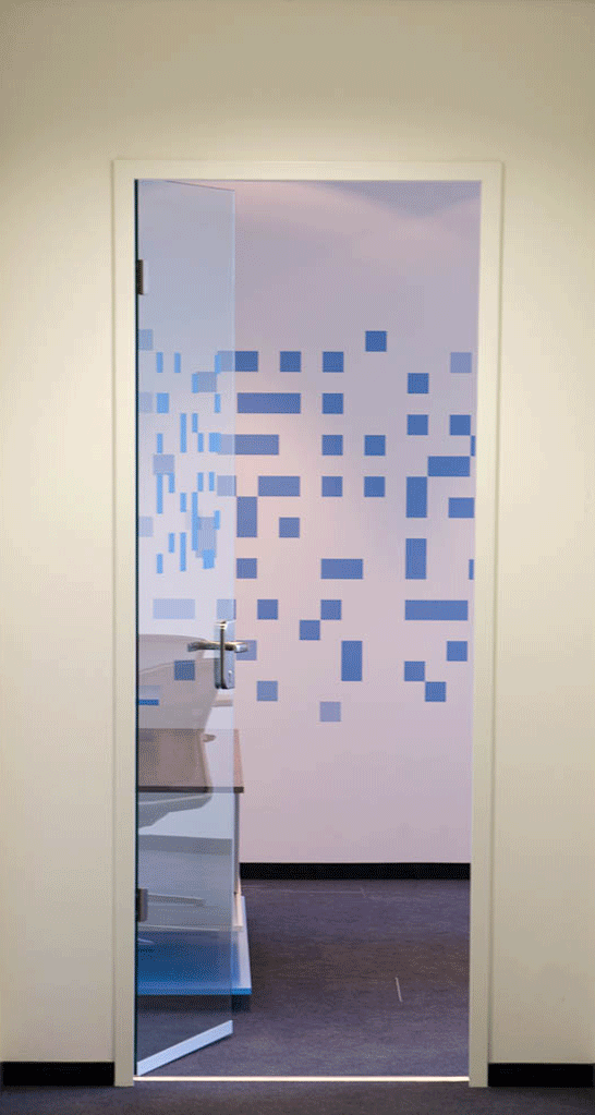 Mosaic on glass door and wall behind transform in the word SUMO when closed