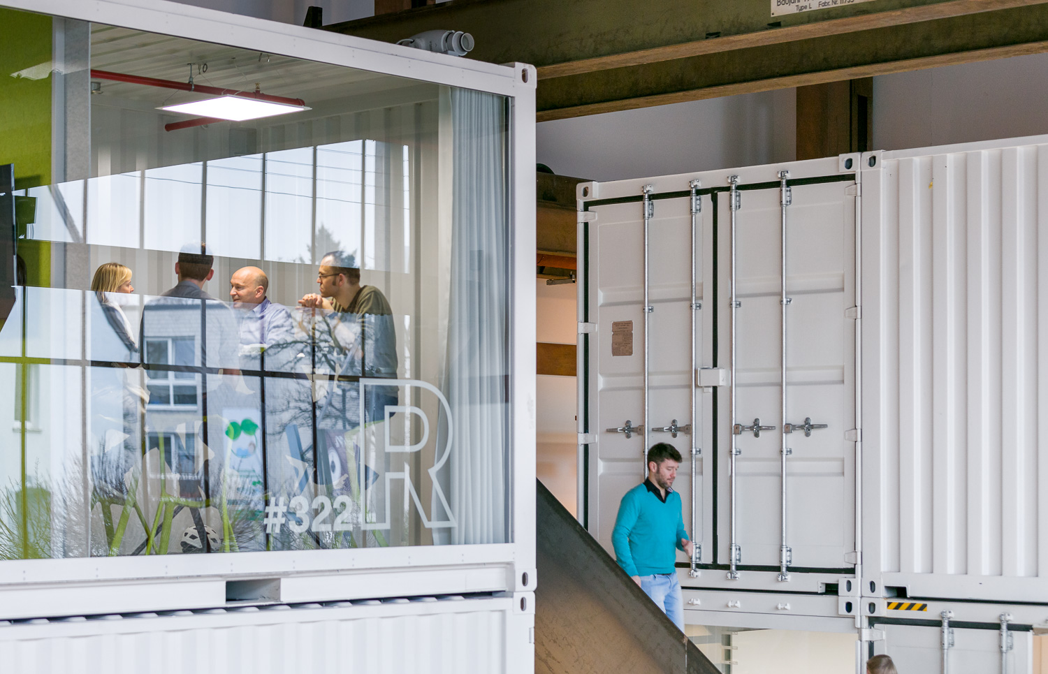 Ship container with glass front for telephone conferences